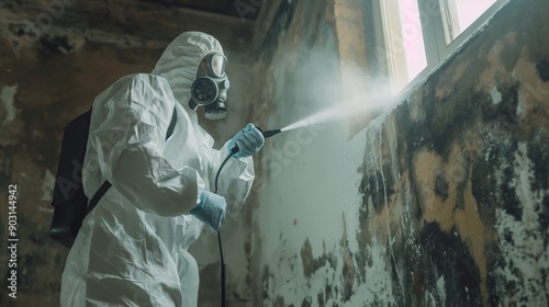 Man spraying mold disinfection on wall, wearing protective suit and breathing mask, professional house cleanup photo