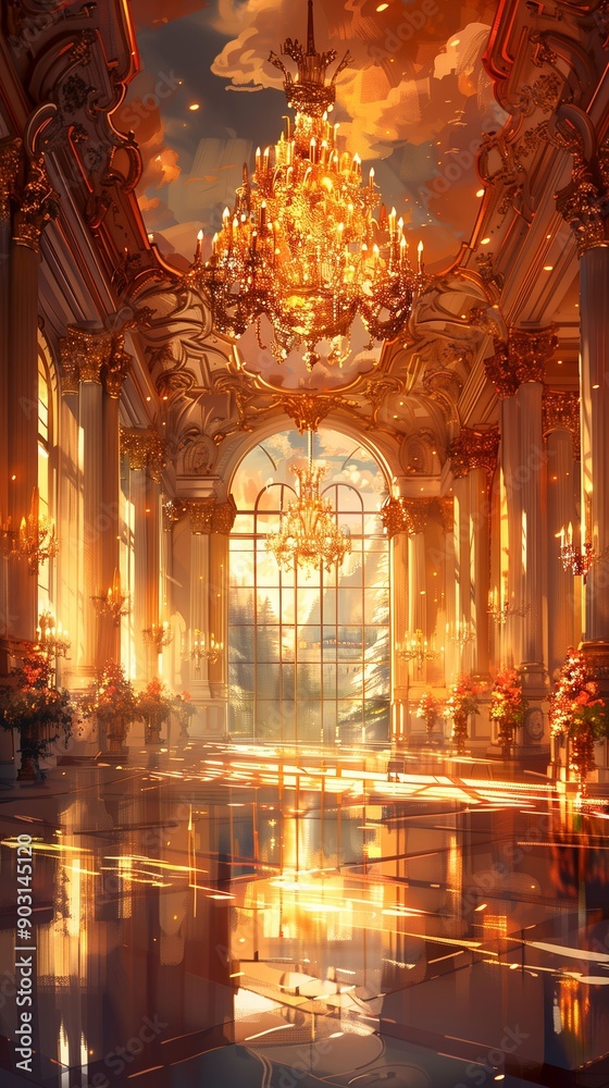 Lavish ballroom with chandeliers and sunlight streaming through large windows.