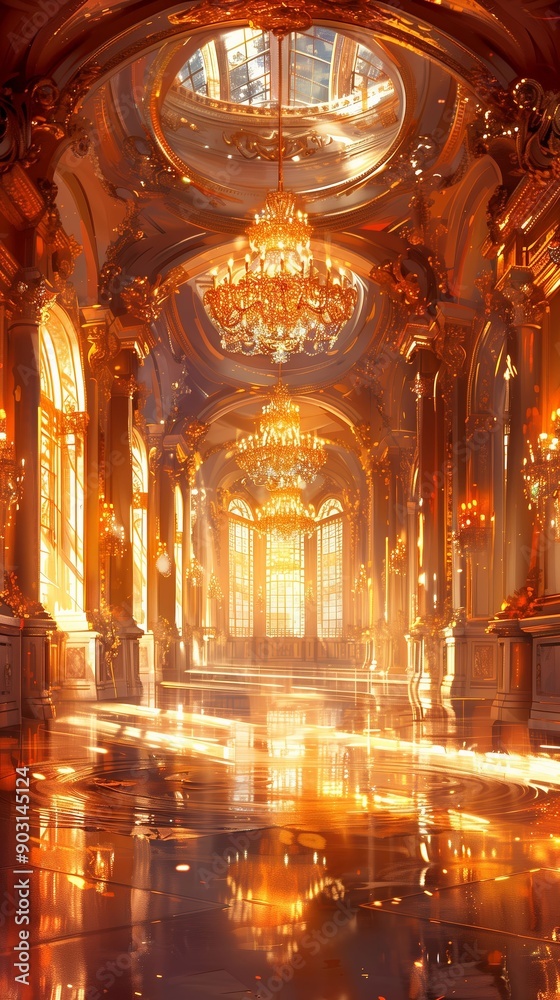 Obraz premium Lavish ballroom with chandeliers and sunlight streaming through large windows.