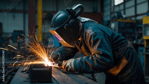 High heat welding operation with sparks flying automated welding robot in action and focus on shielding gas and flux application