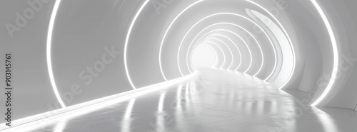 White background, white circular tunnel, glowing light at the end of it