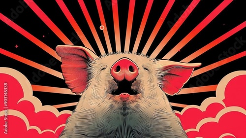   Painting of a pig sticking its tongue out in front of a red sky with clouds and sunbursts photo