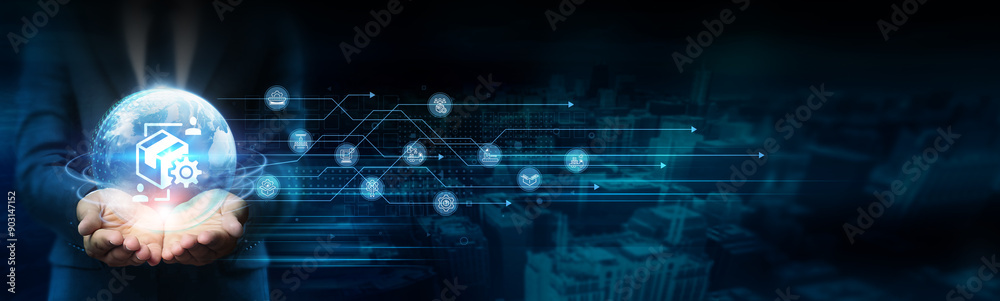 Businessman hold global supply chain management responsibilities with network connected to manufacturers and distributors. Technology enhances efficiency and resilience across the supply chain. Businessman hold global supply chain management responsibilities with network connected to manufacturers and distributors. Technology enhances efficiency and resilience across the supply chain.