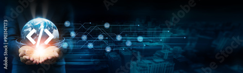Businessman holding global network coding connections with network connected to various devices and systems. Advanced development technology drives innovative coding solutions worldwide.