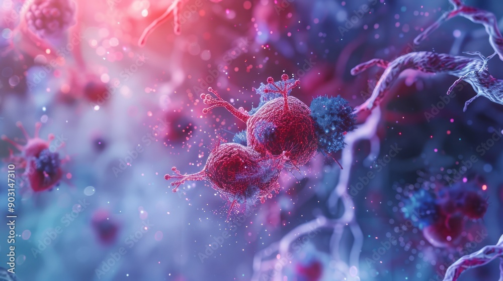 Microscopic View of Red and Blue Cells with Spikes Microscopic View of Red and Blue Cells with Spikes