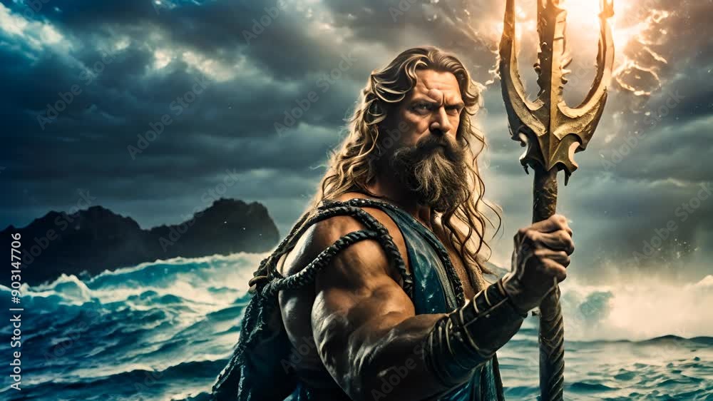 Poseidon God of the seas, Light from the trident, Greek mythology Stock ...