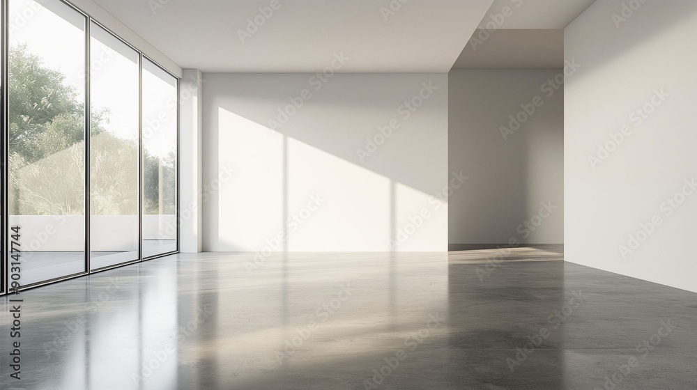 Fototapeta premium Sunlit Modern Empty Room with Large Windows.