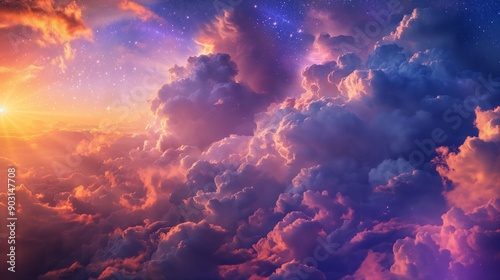 Vibrant Sunset Clouds with Starry Sky.