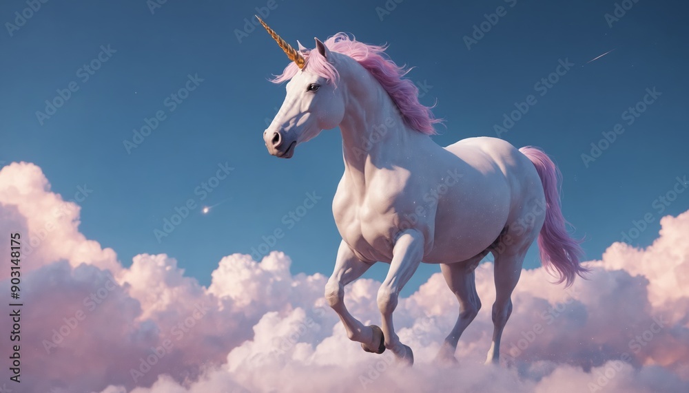 Fototapeta premium A unicorn gallops through heavenly clouds at dawn