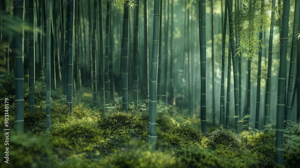Obraz premium Sunlight Filtering Through Dense Bamboo Forest.