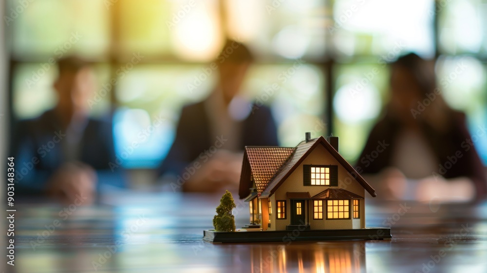 Illuminated Model Home on Table with Blurred Background Illuminated Model Home on Table with Blurred Background