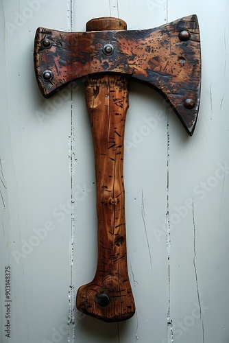 An improvised wooden axe with a fabric handle, set against a white background photo