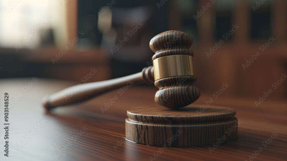 Wooden Gavel on a Wooden Surface in a Courtroom Setting Wooden Gavel on a Wooden Surface in a Courtroom Setting