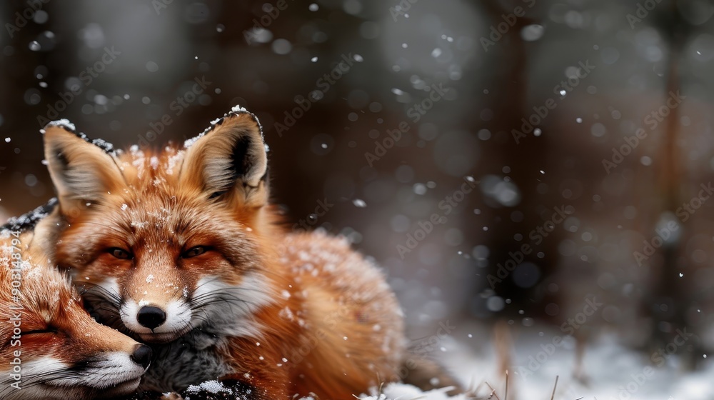 Two adorable red foxes are nestled closely together, surrounded by falling snowflakes in a tranquil, serene forest landscape, conveying warmth and companionship in winter. Two adorable red foxes are nestled closely together, surrounded by falling snowflakes in a tranquil, serene forest landscape, conveying warmth and companionship in winter.