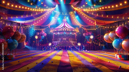 A Colorful Stage with Balloons and a Carousel Underneath a Striped Tent