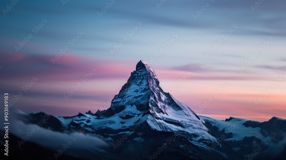 An iconic mountain peak stands tall against a dramatic twilight sky colored in hues of pink and purple, showcasing the serene and awe-inspiring beauty of nature. An iconic mountain peak stands tall against a dramatic twilight sky colored in hues of pink and purple, showcasing the serene and awe-inspiring beauty of nature.