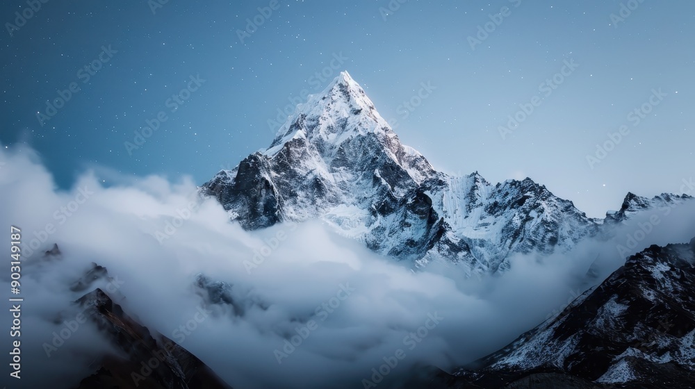 A striking peak covered in snow stands tall, partially enveloped by dramatic, swirling clouds, highlighting the raw and untamed beauty of mountain wilderness. A striking peak covered in snow stands tall, partially enveloped by dramatic, swirling clouds, highlighting the raw and untamed beauty of mountain wilderness.