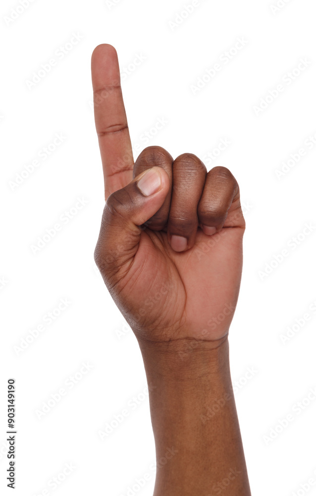 Black hand shows number one isolated. Counting gesturing, enumeration, white background Black hand shows number one isolated. Counting gesturing, enumeration, white background