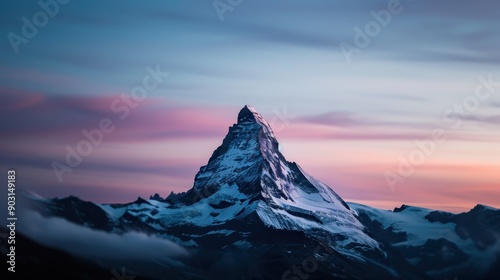 An iconic mountain peak stands tall against a dramatic twilight sky colored in hues of pink and purple, showcasing the serene and awe-inspiring beauty of nature.