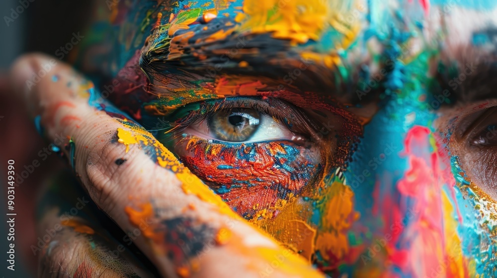 Obraz premium A close-up artistic shot of an eye painted with vibrant colors highlights the intricate details and emotions conveyed, blending creativity with a powerful visual impact.