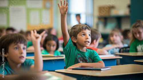 Enfants, élèves de primaire qui lèvent la main dans une salle de classe. Camarade de classe, écoliers en plein cours. Interroger, professeur, leçons. Rentrée scolaire, septembre.  photo