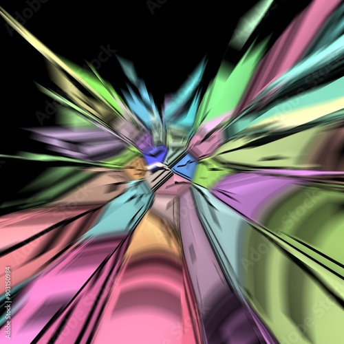 Set on a black background brightly coloured pieces exploding apart in multicoloured layers