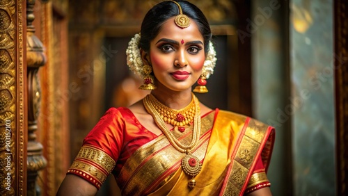 South Indian woman draped in a Kanjeevaram saree with gold and red motifs paired with a contrast blouse and temple jewelry. photo