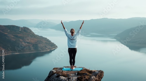 Individual performs yoga on a cliff overlooking a panoramic lake and distant hills, embodying balance, flexibility, and harmony with nature amidst a stunning, expansive landscape. photo