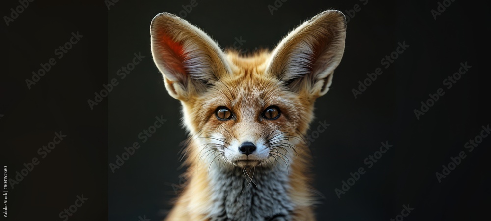 Fennec Fox Alert.
A close-up of a fennec fox with large ears, against a dark background. The fox's expressive eyes and detailed fur are highlighted, capturing its alert and curious nature.