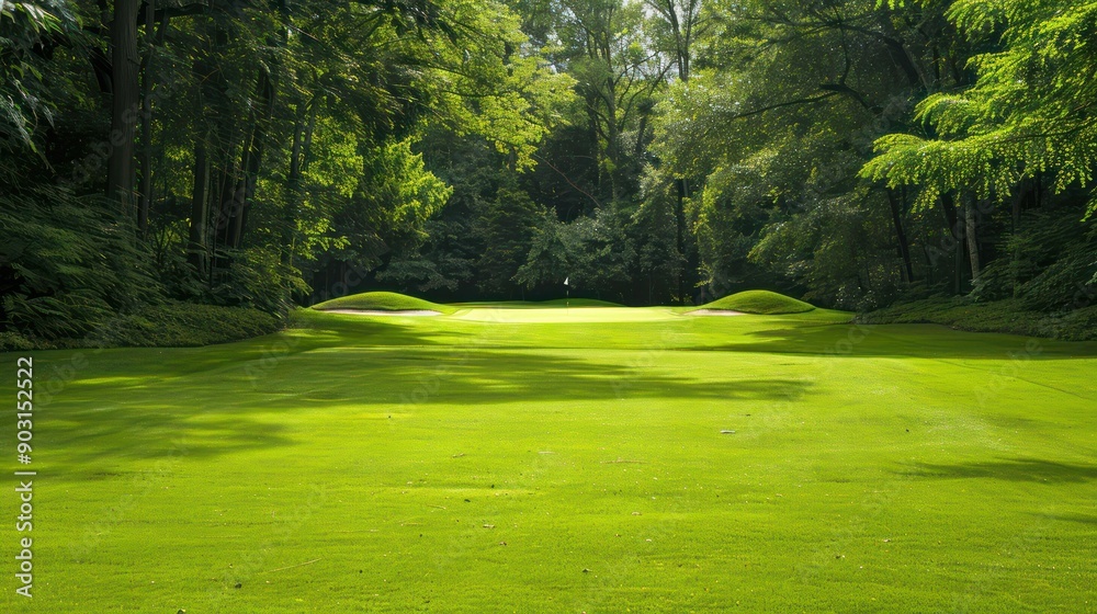 Obraz premium A golf course with a green grassy field and a golf hole. The field is empty and the grass is well-maintained