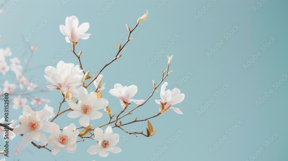 A branch of white flowers is on a blue background. The flowers are in full bloom and are very pretty A branch of white flowers is on a blue background. The flowers are in full bloom and are very pretty