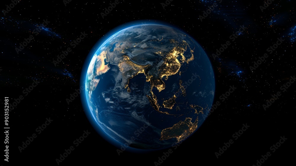 Fototapeta premium 3D Earth with atmospheric clouds and night lights visible in Europe