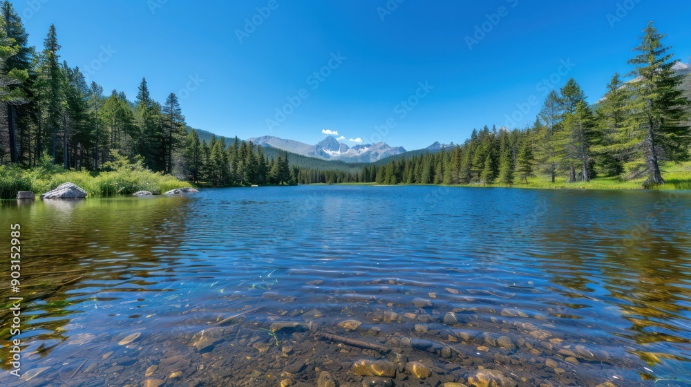 Fototapeta premium A lake with a mountain in the background. The water is calm and clear. The sky is blue and there are no clouds. The trees surrounding the lake are tall and green