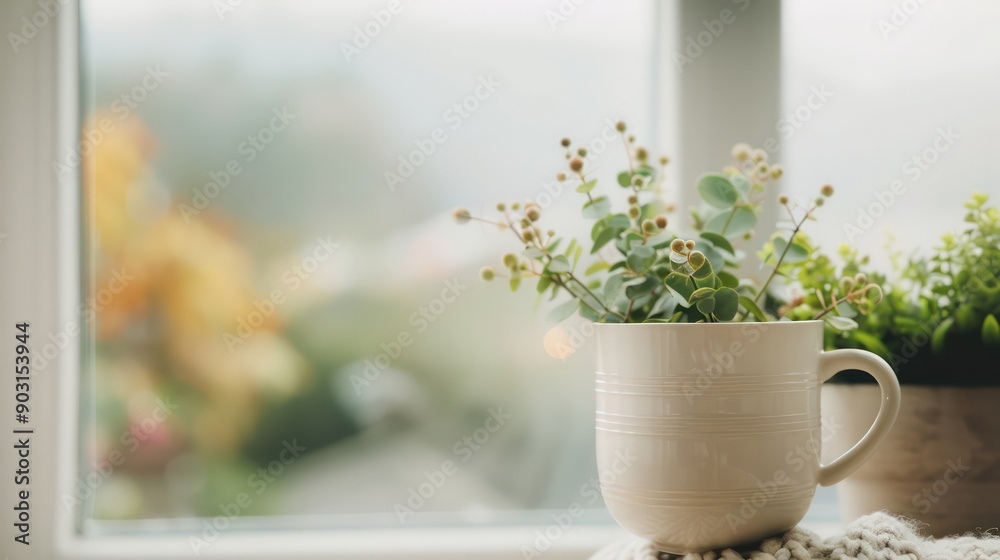 A white mug with a plant in it sits on a table next to a window. The plant is a small green bush with yellow flowers. The scene is peaceful and calming, with the natural beauty of the plant A white mug with a plant in it sits on a table next to a window. The plant is a small green bush with yellow flowers. The scene is peaceful and calming, with the natural beauty of the plant