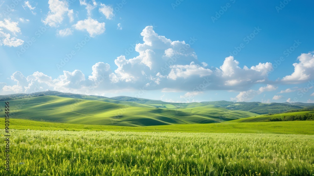 Fototapeta premium A large, open field with a bright blue sky and fluffy clouds. The sky is clear and the sun is shining, creating a peaceful and serene atmosphere