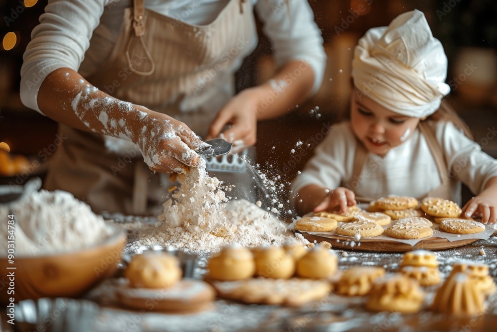 A pair of adults and a young child are joyfully baking cookies in a warm, cozy kitchen. Flour and cookie cutters are scattered across the countertop, creating a festive atmosphere. A pair of adults and a young child are joyfully baking cookies in a warm, cozy kitchen. Flour and cookie cutters are scattered across the countertop, creating a festive atmosphere.
