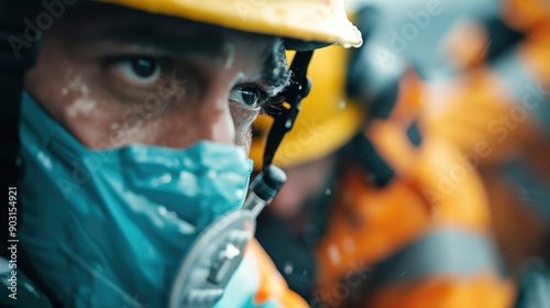 A detailed close-up of a rescue worker in action wearing bright orange gear and a yellow helmet with water droplets indicating a challenging environment. Captures urgency and bravery. photo