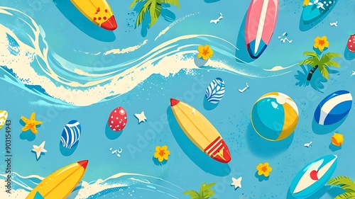 Tropical beach with palm trees, surfboards, umbrella, seashells, and starfish. Suitable for travel brochures, website banners, and vacation promotions. 6