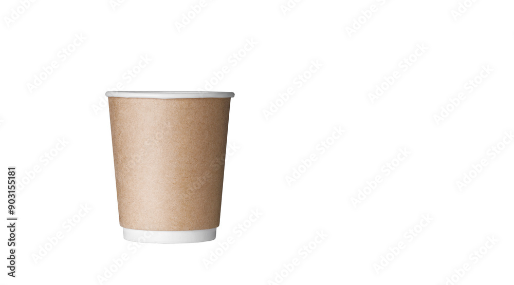 cardboard glass of brown color, for coffee or tea on an isolated white background close up