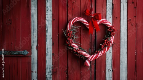 Decorative Christmas wreath in the shape of a heart, adorned with red berries and a ribbon, hanging on a rustic red wooden door, symbolizing warmth and holiday spirit. photo