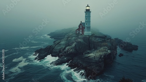 Historic lighthouse on a rocky coast, waves crashing below photo