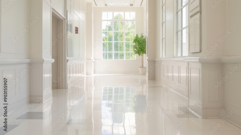 A long hallway with white walls and a white floor. The floor is shiny and clean. There is a potted plant in the middle of the hallway A long hallway with white walls and a white floor. The floor is shiny and clean. There is a potted plant in the middle of the hallway