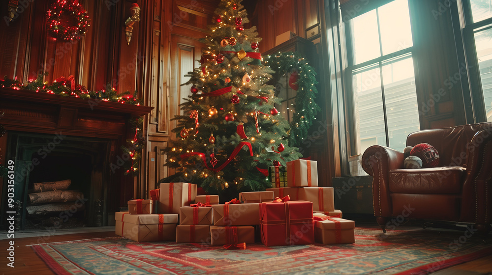 A living room with a large christmas tree and christmas decoration A living room with a large christmas tree and christmas decoration