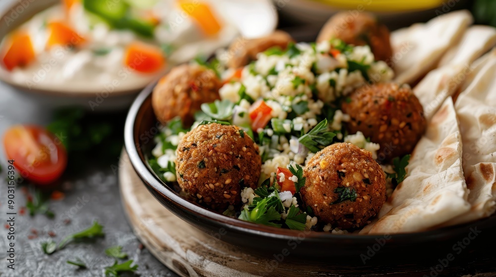 Plate with falafel balls, tabbouleh salad, and pita bread, with creamy dip and fresh vegetables in the background, presenting a Mediterranean vegetarian meal. Plate with falafel balls, tabbouleh salad, and pita bread, with creamy dip and fresh vegetables in the background, presenting a Mediterranean vegetarian meal.