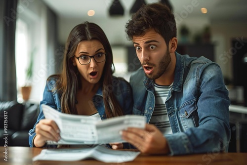 The beautiful couple is looking shocked as they read a bill together, the woman wearing eyeglasses.