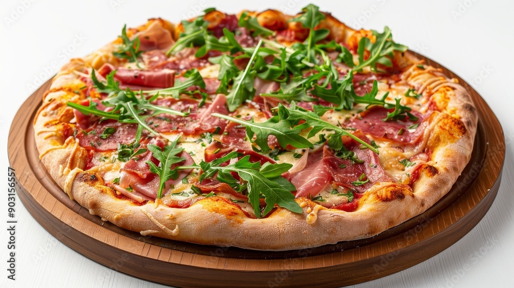 Artisan pizza topped with prosciutto and arugula, served on a wooden plate, against a clean white background Artisan pizza topped with prosciutto and arugula, served on a wooden plate, against a clean white background
