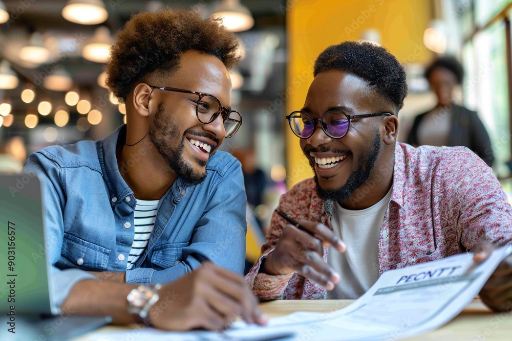Two beautiful African American coworkers wearing glasses smiling and laughing while discussing in the office. One man is looking at the contract in his hand, while the other seems Two beautiful African American coworkers wearing glasses smiling and laughing while discussing in the office. One man is looking at the contract in his hand, while the other seems
