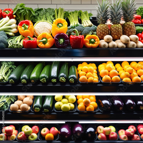 Healthy Fruits and Vegetables Displayed on a Shelf in a Supermarket