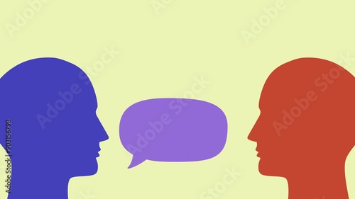 Video animation of two human heads silhouette talking through speech bubbles. Concept of psychotherapy, coaching, consulting, mental disorder, depression treatment, dialogue, psychological help