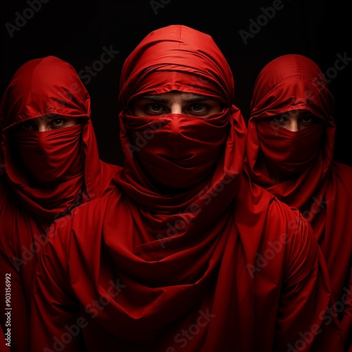 full-red-theam-background-justic-men-in-red-cloth-tied-up-eyes-and-mouth-with-red-cloth